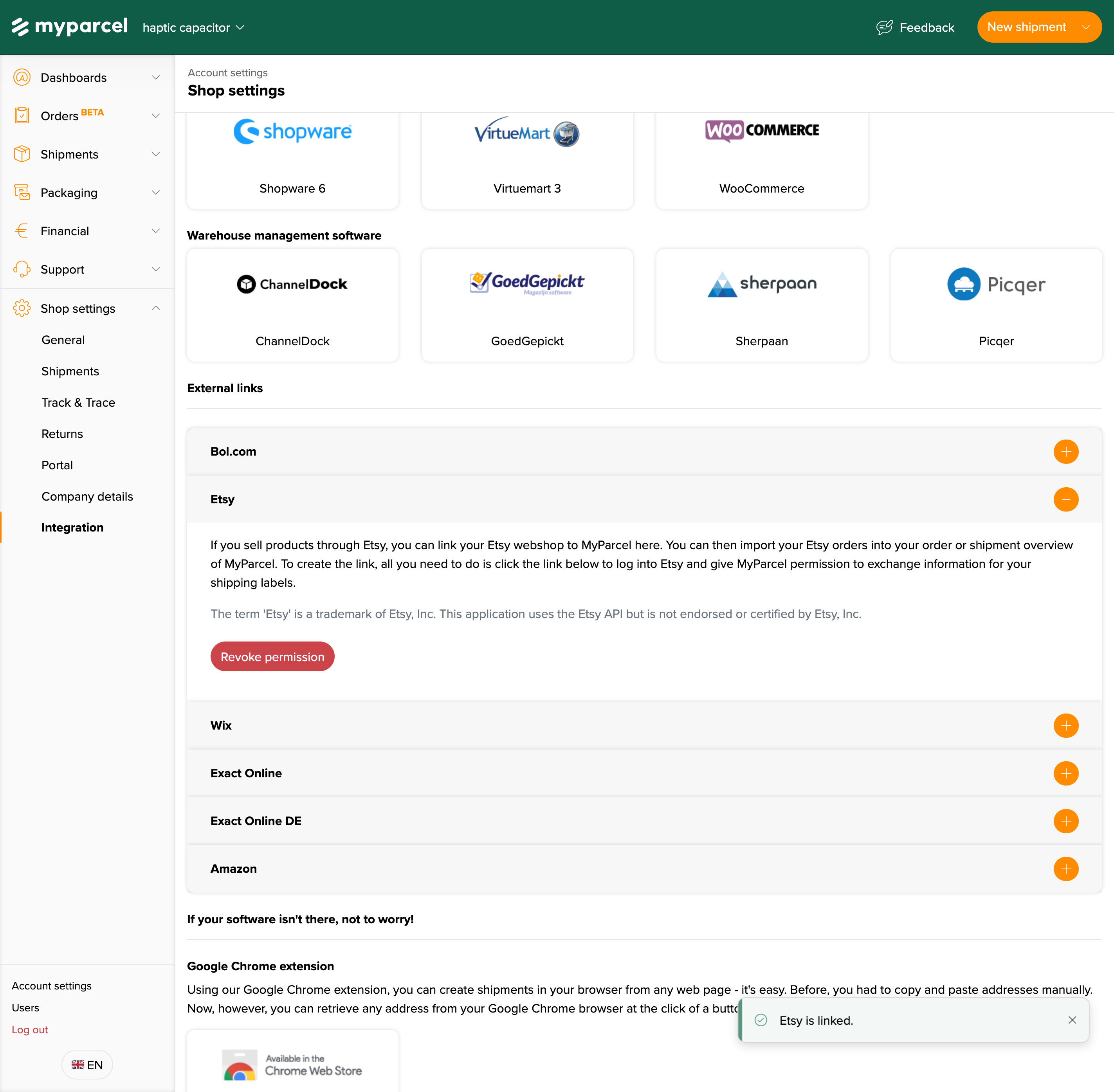Etsy koppeling getoond in MyParcel backoffice