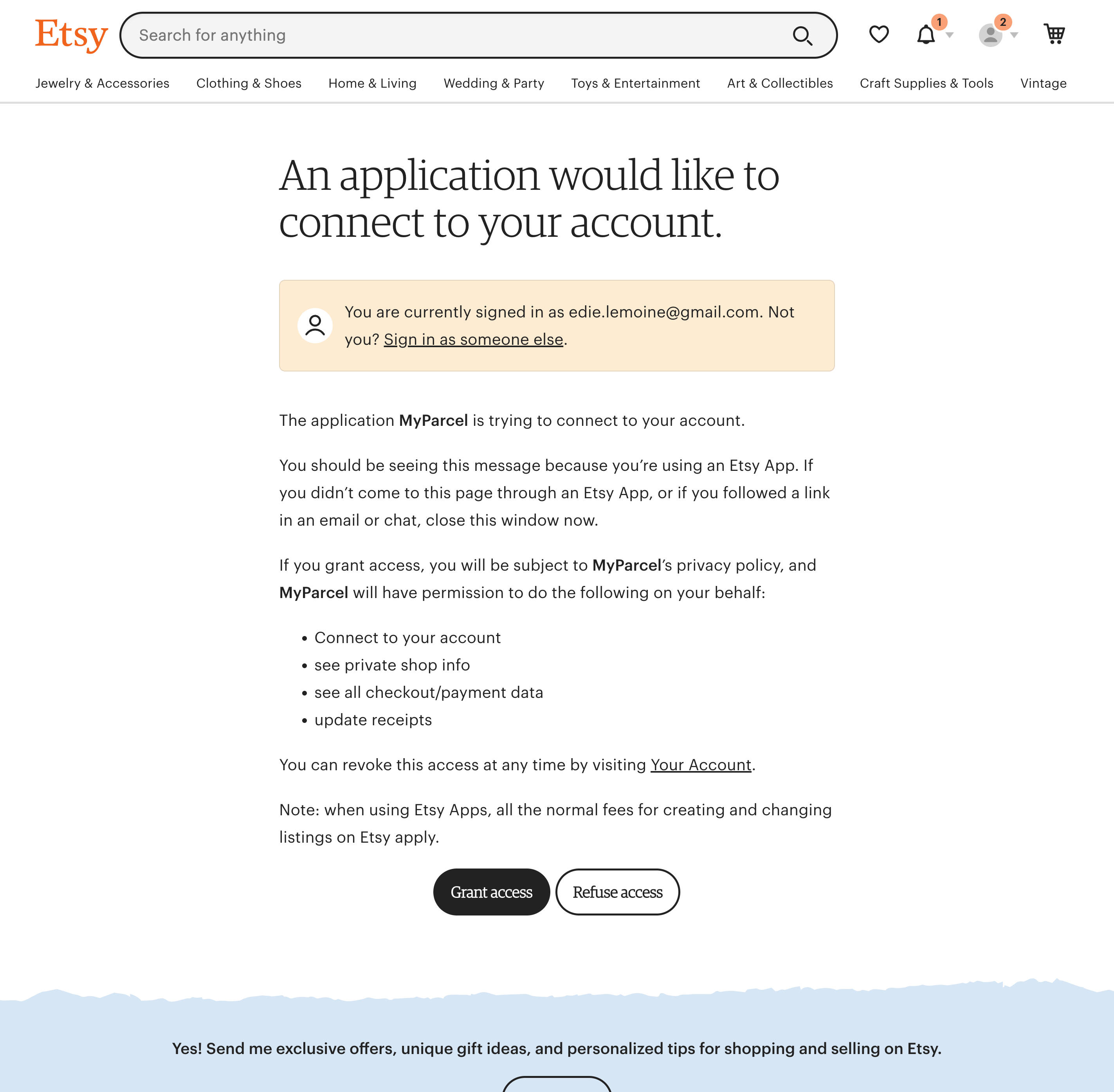 Etsy login en geef toestemming