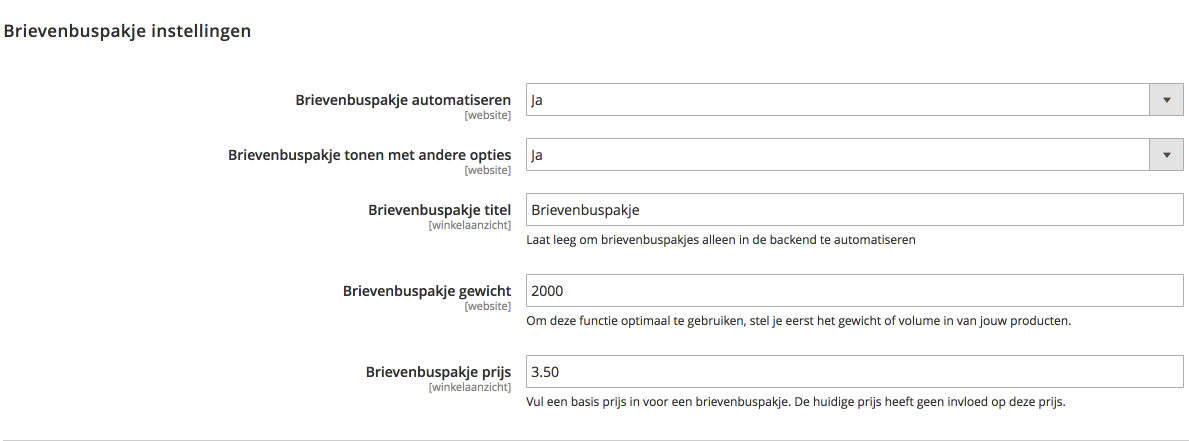 Magento brievenbuspakje instelling