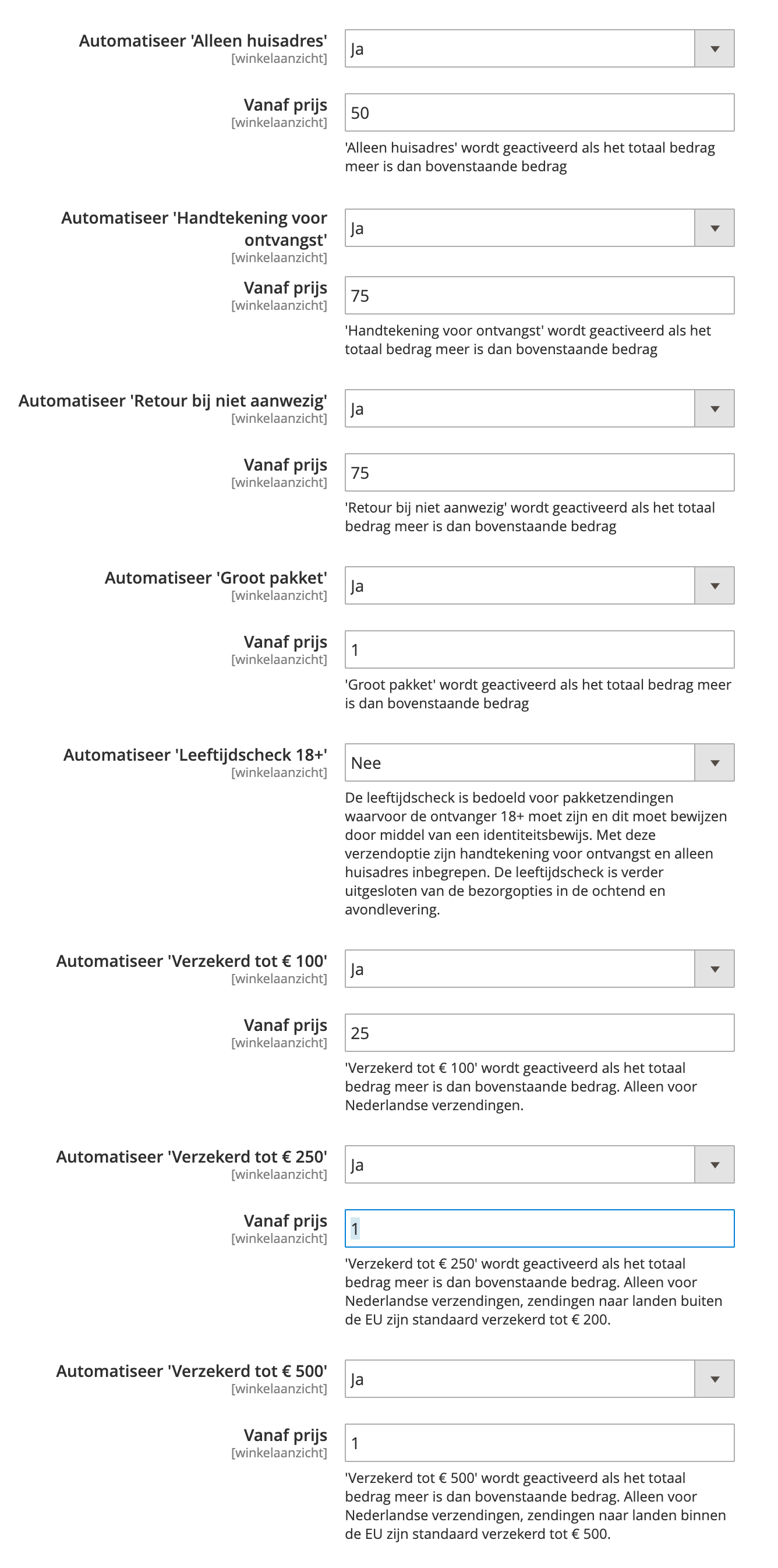 Magento standaard verzendinstellingen