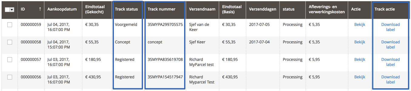 Magento Track & Trace status tracking nummer actie