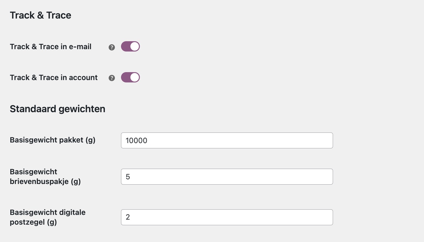 MyParcel WooCommerce track en trace instellingen en gewichten instellen