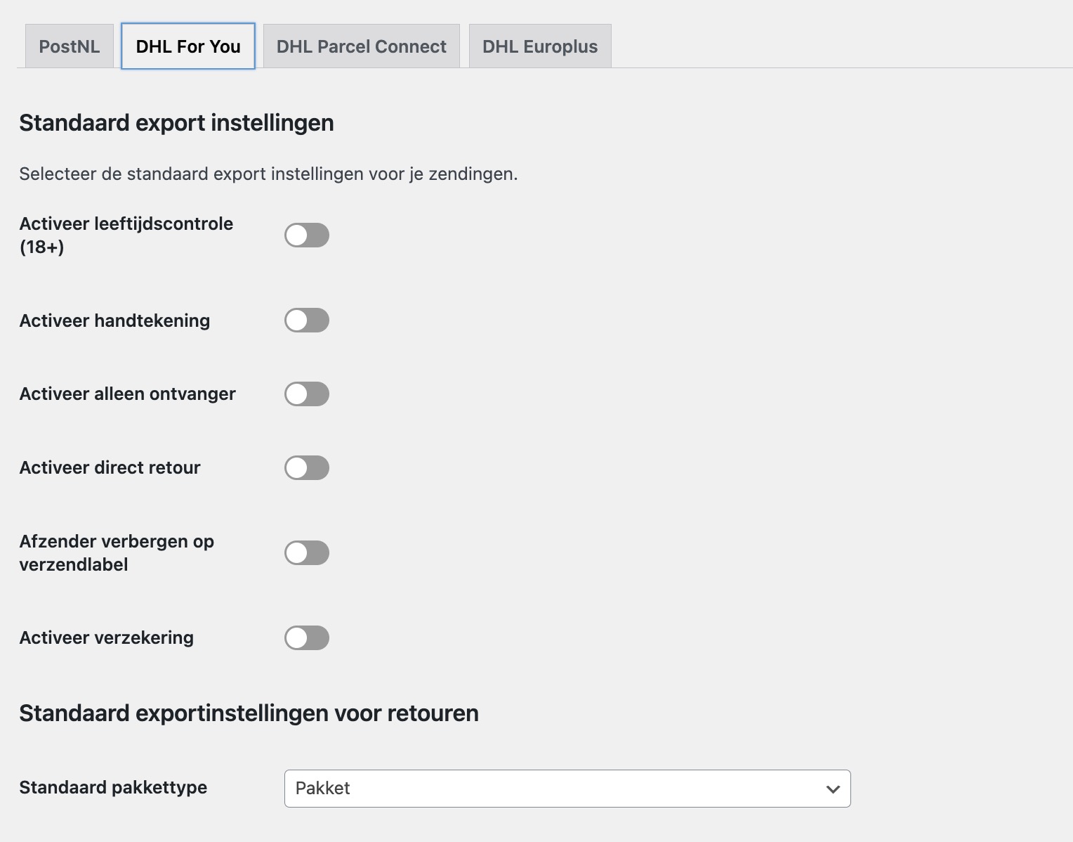 MyParcel WooCommerce plugin standaard exportinstellingen DHL