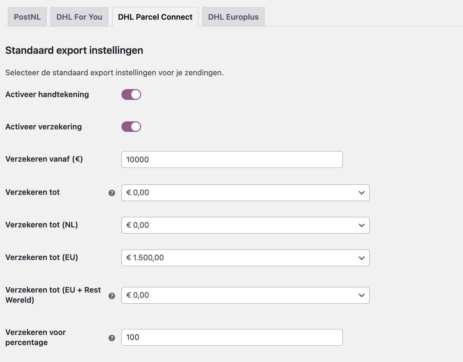 MyParcel WooCommerce plugin standaard exportinstellingen DHL